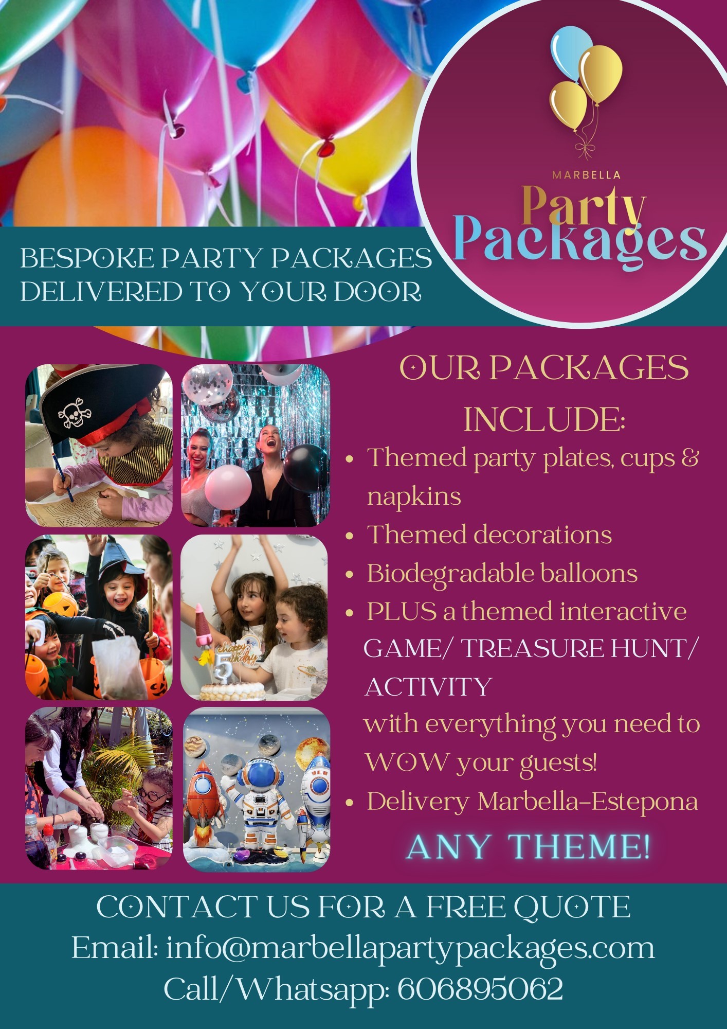 Leaflet in English with some information about products and activities at Marbella Party Packages