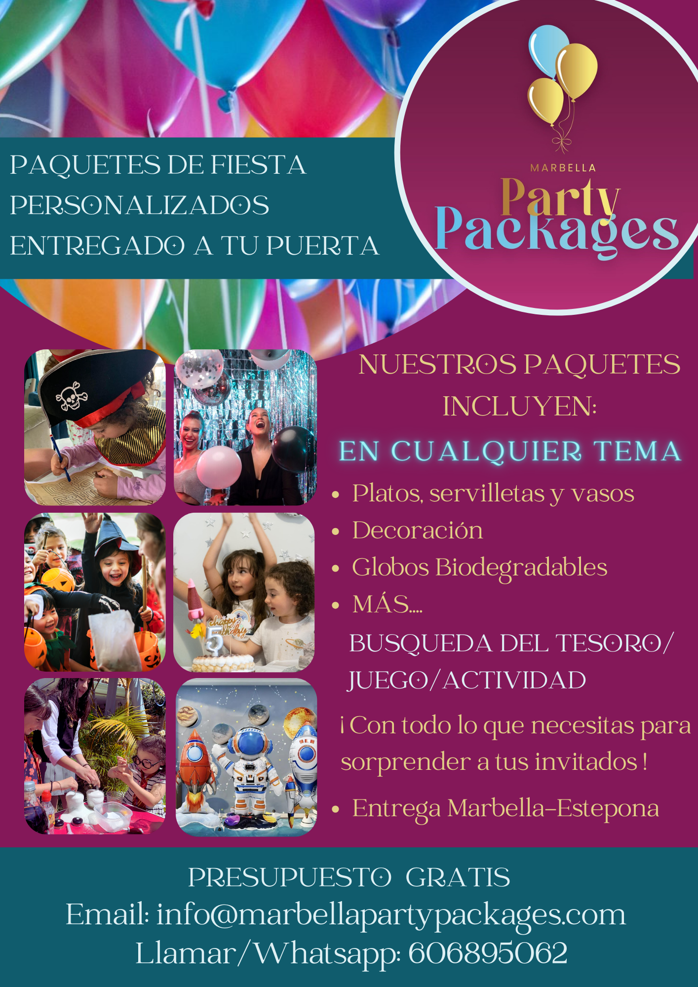 Folleto en español con información sobre productos y servicios de Marbella Party Packages.